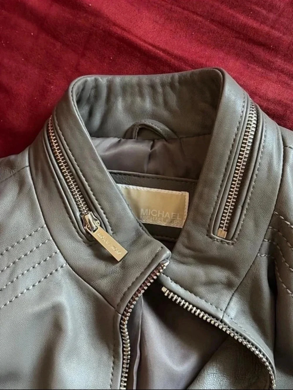 Michael Kors Unisex Grey Leather Bomber Jacket - Classic Zip Front